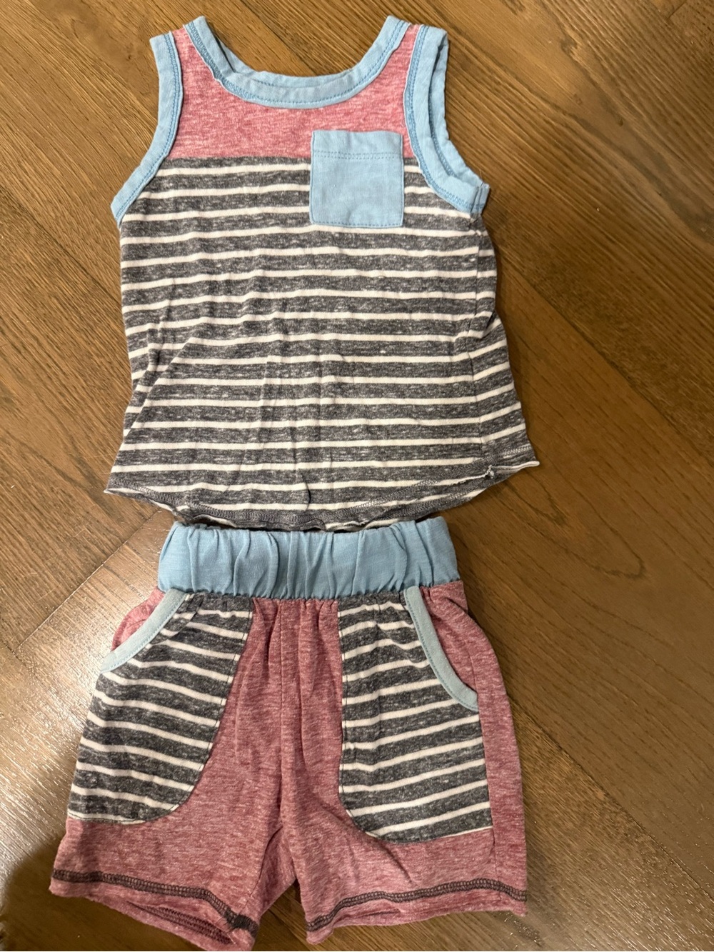 Miki Miette Baby Striped Heathered Red, Blue & Gray Tank and Shorts Set - 6 mo